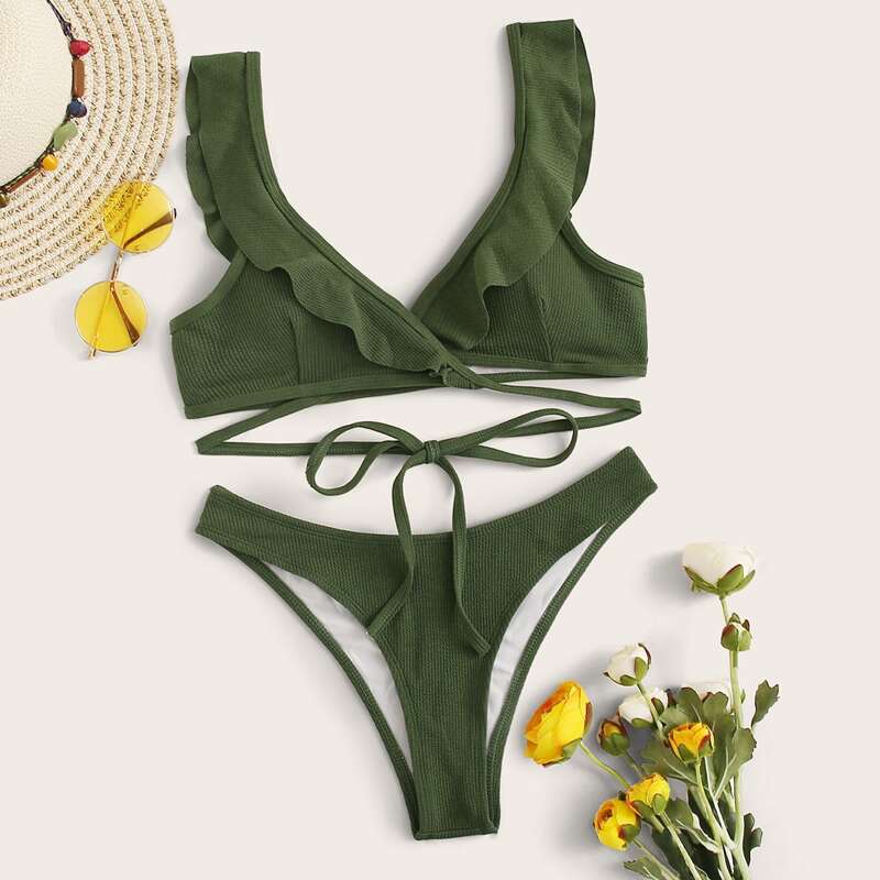 

Ruffle Wrap Top With High Cut Bikini Set, Army green
