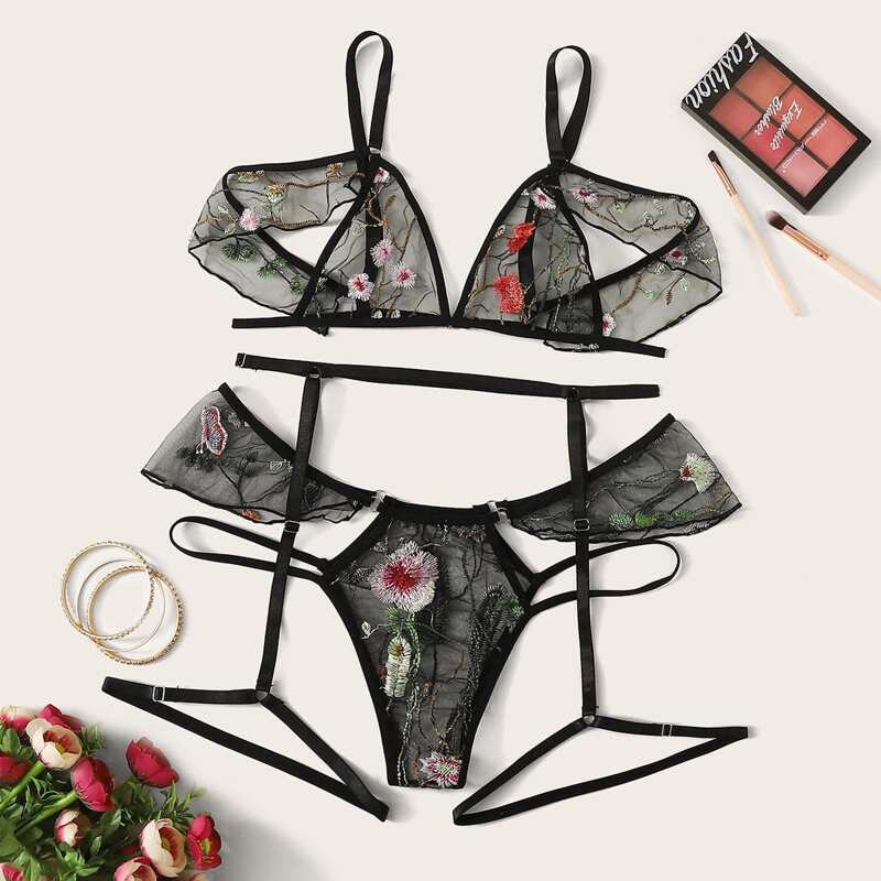 

Floral Embroidery Mesh Lingerie Set With Garter, Black