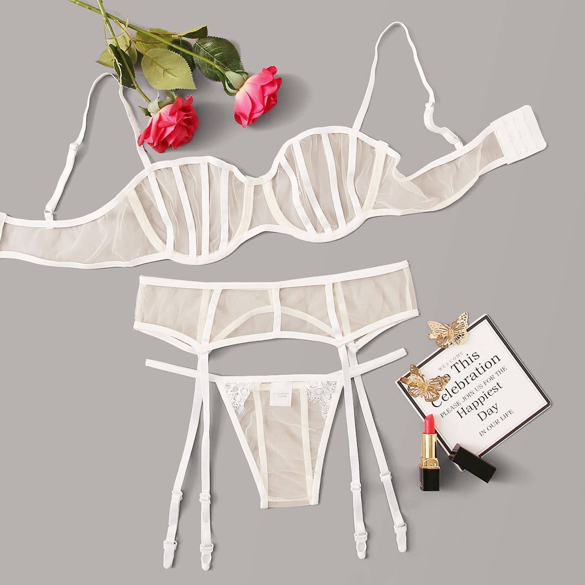 

Sheer Mesh Underwire Garter Lingerie Set, White