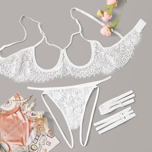 

Floral Lace Underwire Lingerie Set & Leg Ring, White