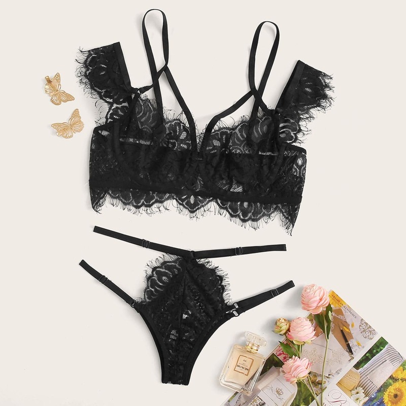 

Floral Lace Underwire Lingerie Set, Black