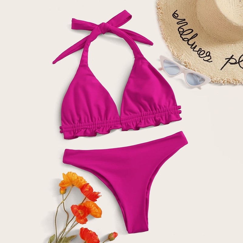 

Ruffle Halter Top With High Cut Bikini Set, Pink