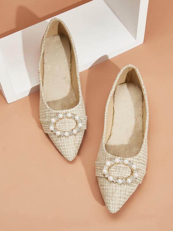 

Faux Pearl Decor Point Toe Ballet Flats, Beige