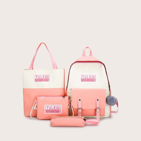 

4pcs Color Block Pom Pom Decor Backpack With Pencil Case, Multicolor
