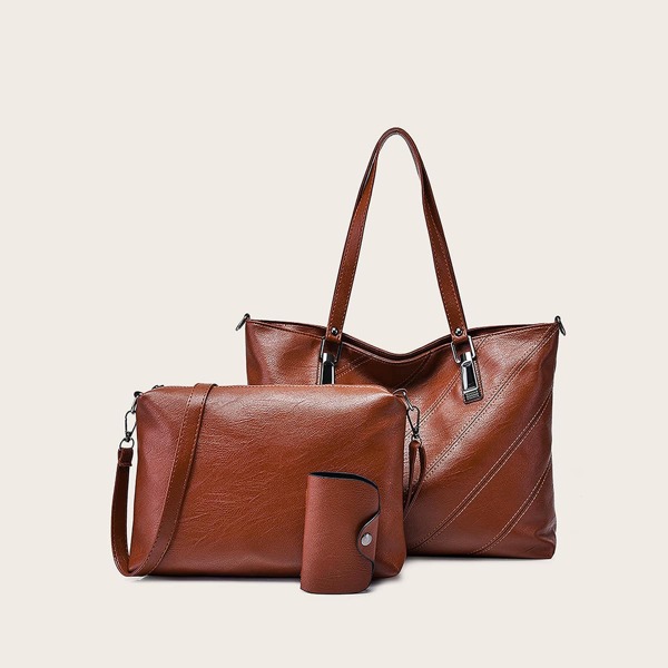 

3pcs Stitch Detail Tote Bag With Card Case, Brown