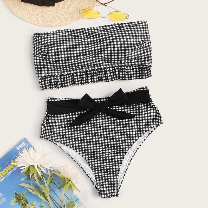 

Gingham Bandeau With High Waist Bikini Set, Black and white