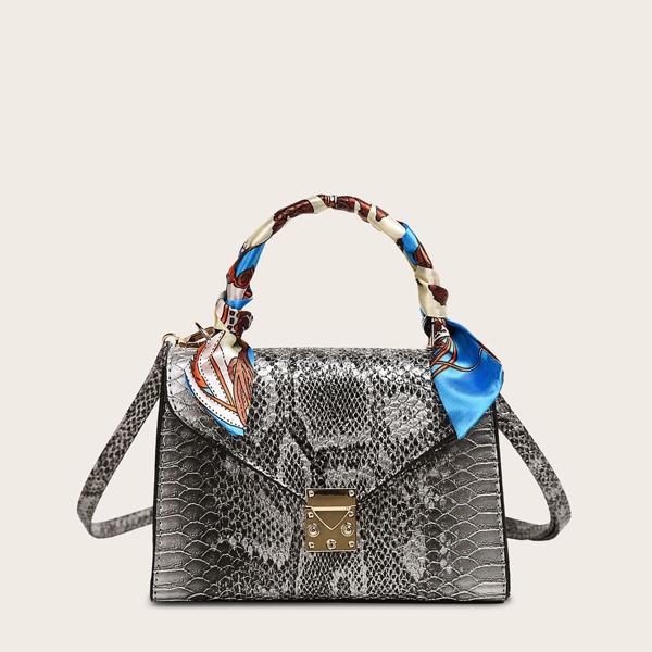 

Twilly Scarf Snakeskin Satchel Bag, Grey