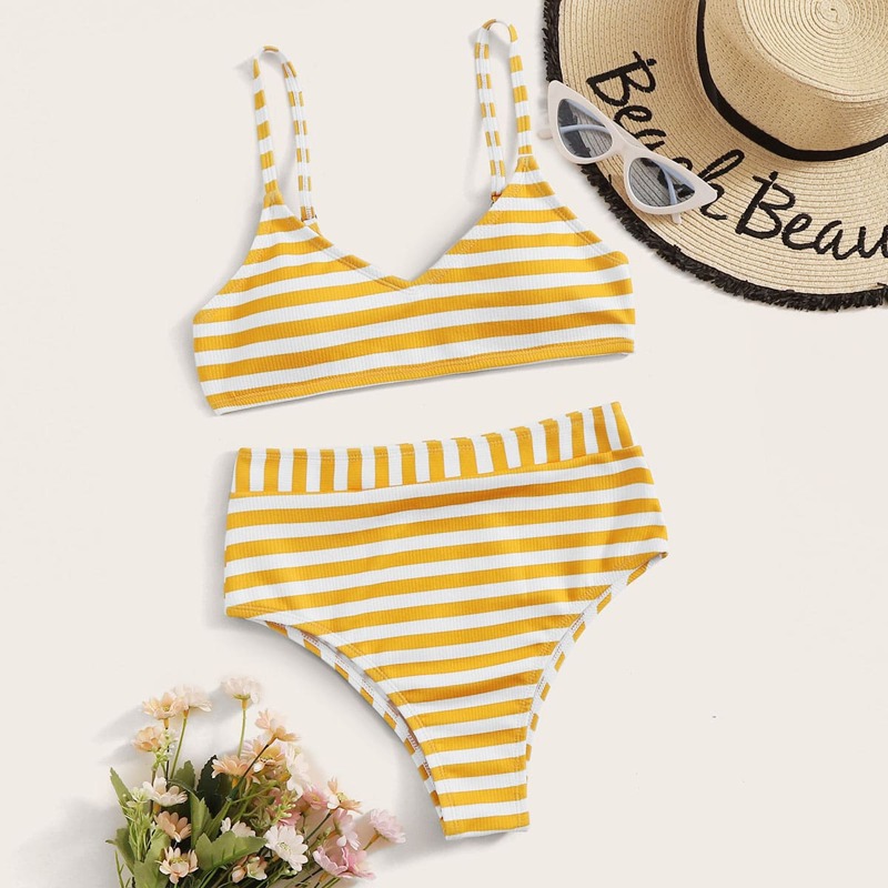 

Striped Top With High Waist Bikini Set, Yellow