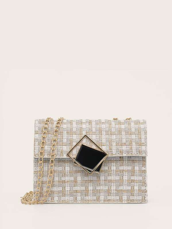 

Geometric Decor Tweed Crossbody Bag, Beige