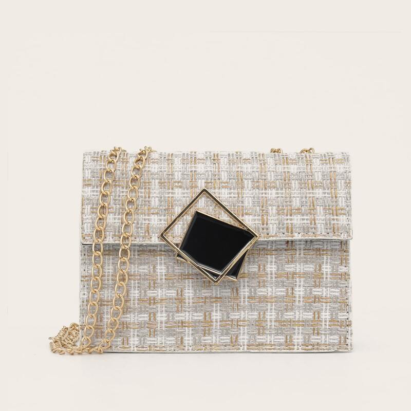 

Geometric Decor Tweed Crossbody Bag, Beige