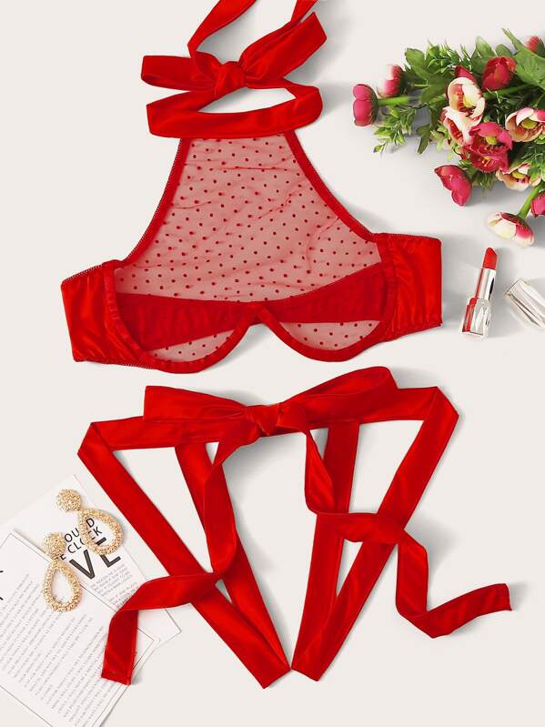 

Contrast Mesh Underwire Lingerie Set, Red
