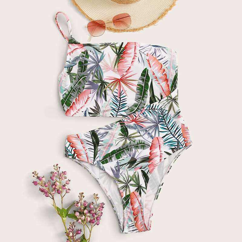 

Leaf Print Cutout One Shoulder One Piece Swimwear, Multicolor