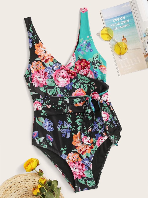 

Floral Random Print Tie Waist One Piece Swimwear, Multicolor