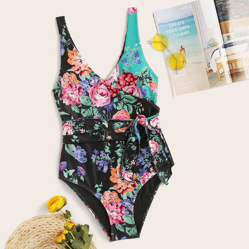 

Floral Random Print Tie Waist One Piece Swimwear, Multicolor