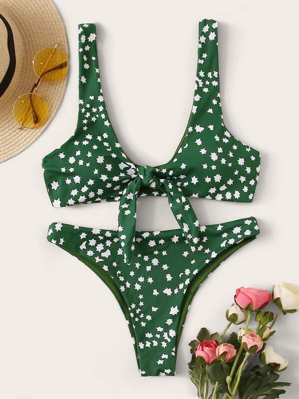 

Star Random Print Knot Front Bikini Set, Green