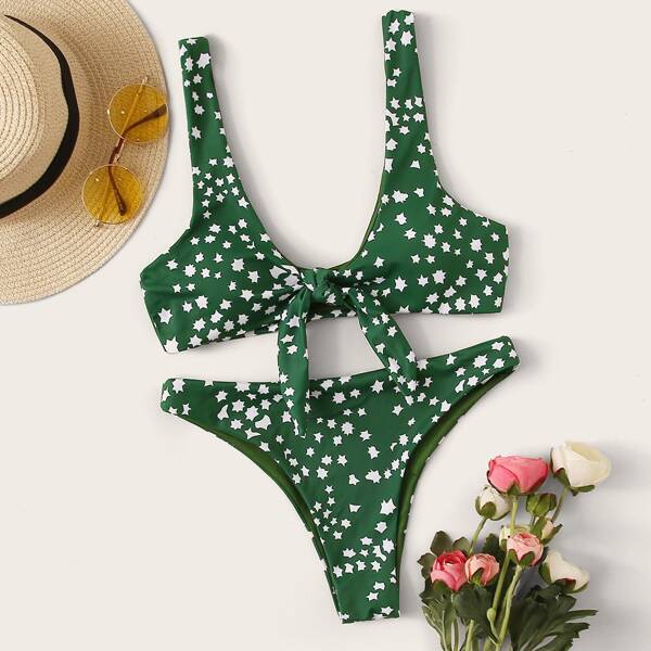 

Star Random Print Knot Front Bikini Set, Green