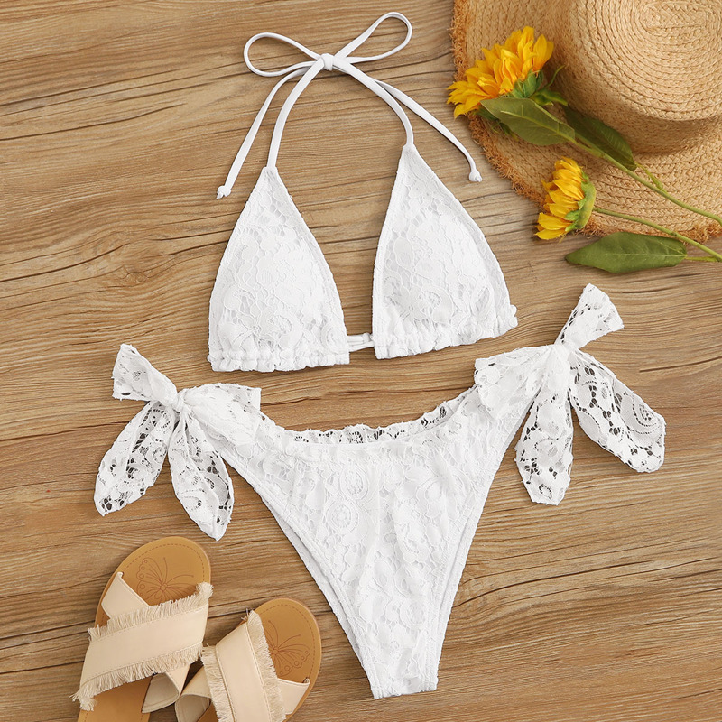 

Floral Lace Triangle Top With Tie Side Bikini Set, White