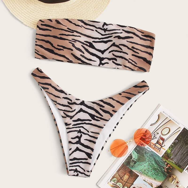

Tiger Striped Bandeau With High Cut Bikini Set, Multicolor