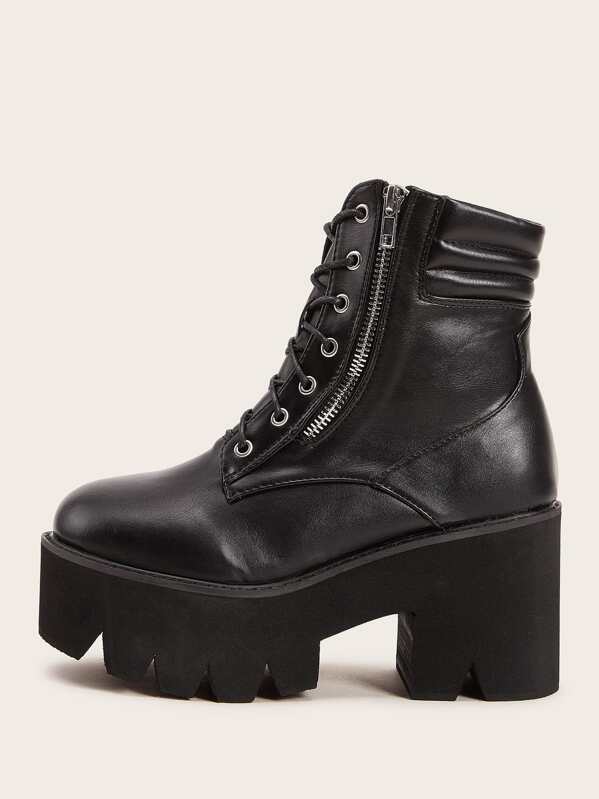 

Lace-up Front Side Zip Platform Boots, Black