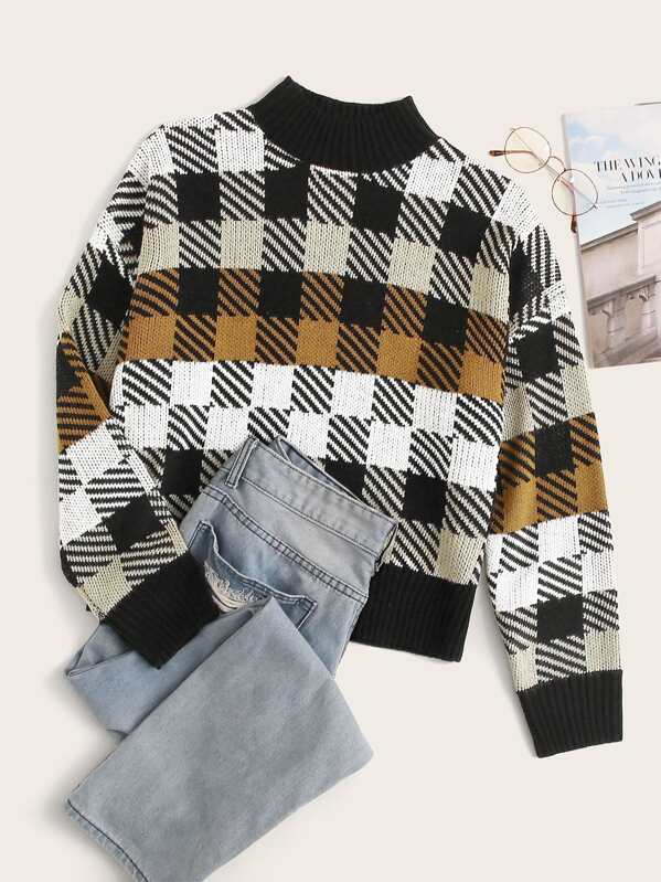 

Mock-Neck Colorblock Plaid Sweater, Multicolor