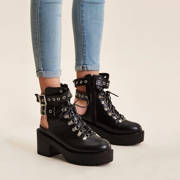 

Double Buckle Decor Cut Out Back Boots, Black