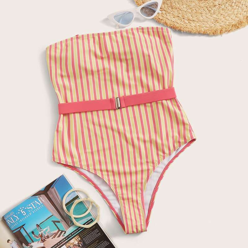

Striped Belted One Piece Swimwear, Multicolor