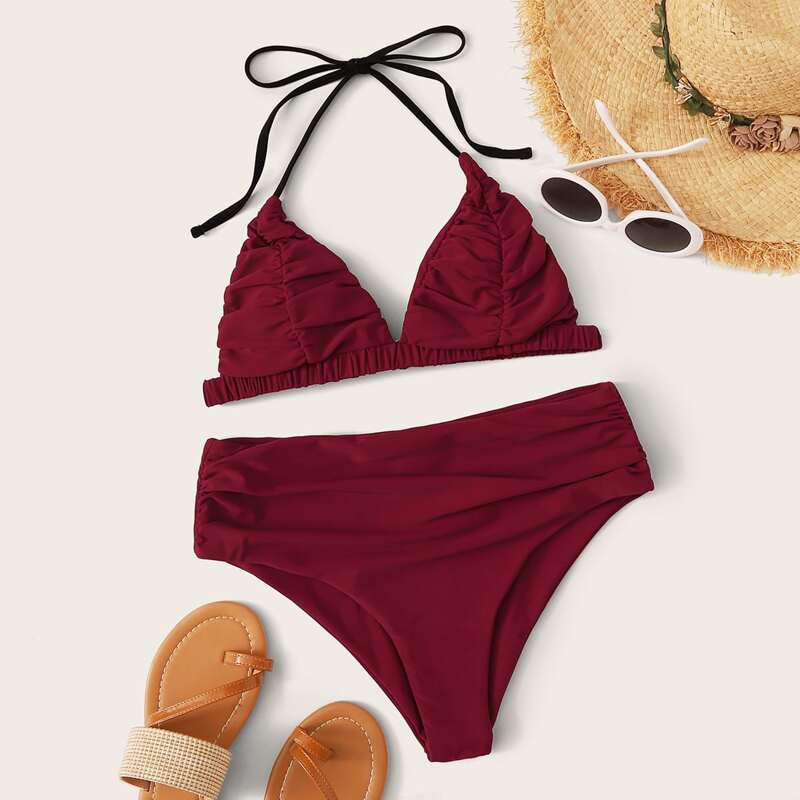 

Ruched Halter Top With High Waist Bikini Set, Burgundy
