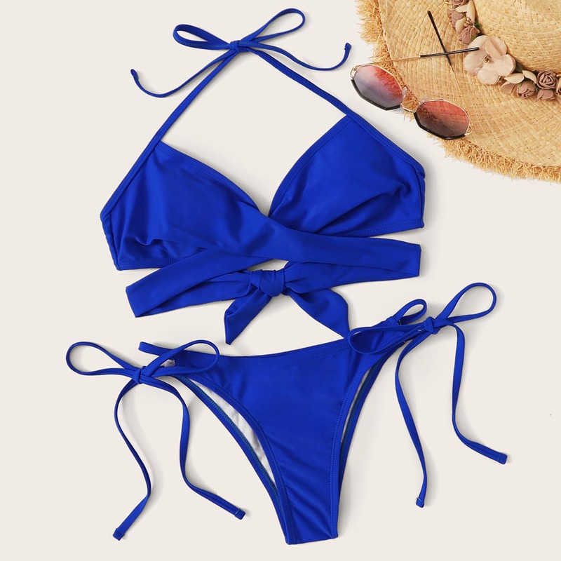 Knot Halter Top With Tie Side Bikini Set, Blue