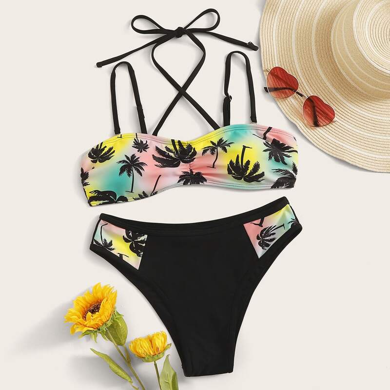 

Coconut Tree Print Top With High Cut Bikini Set, Multicolor