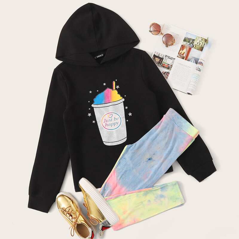 

Graphic Print Hoodie & Tie Dye Leggings Set, Multicolor
