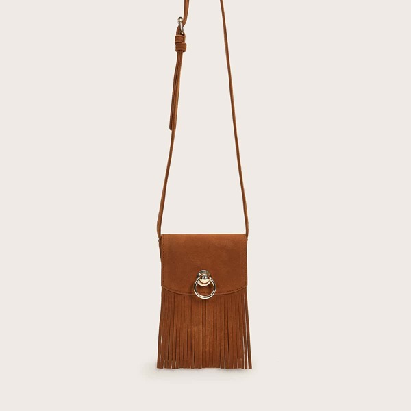 

Fringe Decor Suede Crossbody Bag, Brown