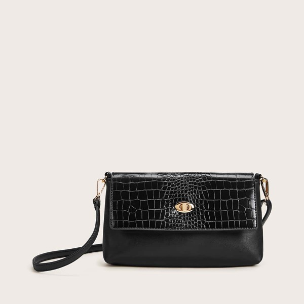 

Twist Lock Croc Embossed Crossbody Bag, Black