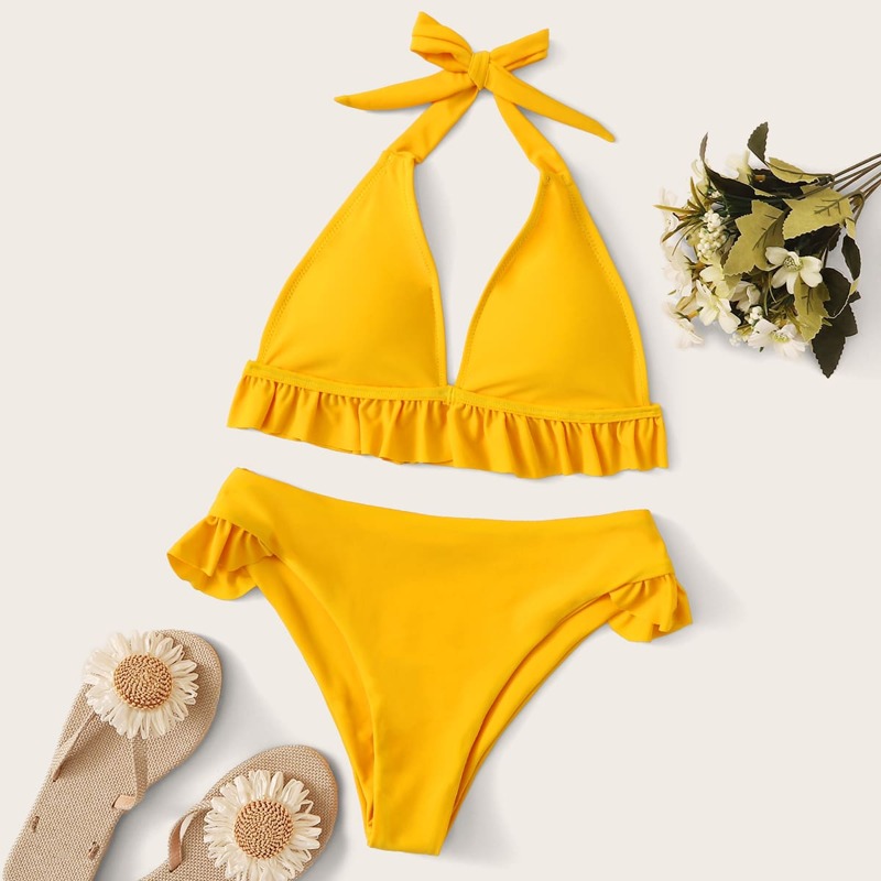 

Ruffle Halter Top With High Cut Bikini Set, Yellow