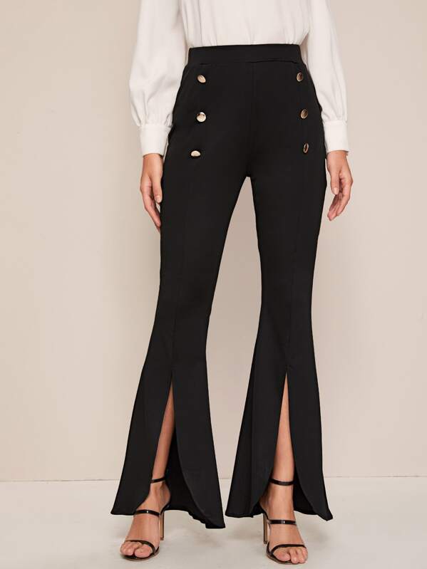 

Button Decoration Split Flare Pants, Black, Luiza