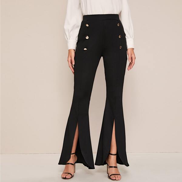 Button Decoration Split Flare Pants, Black