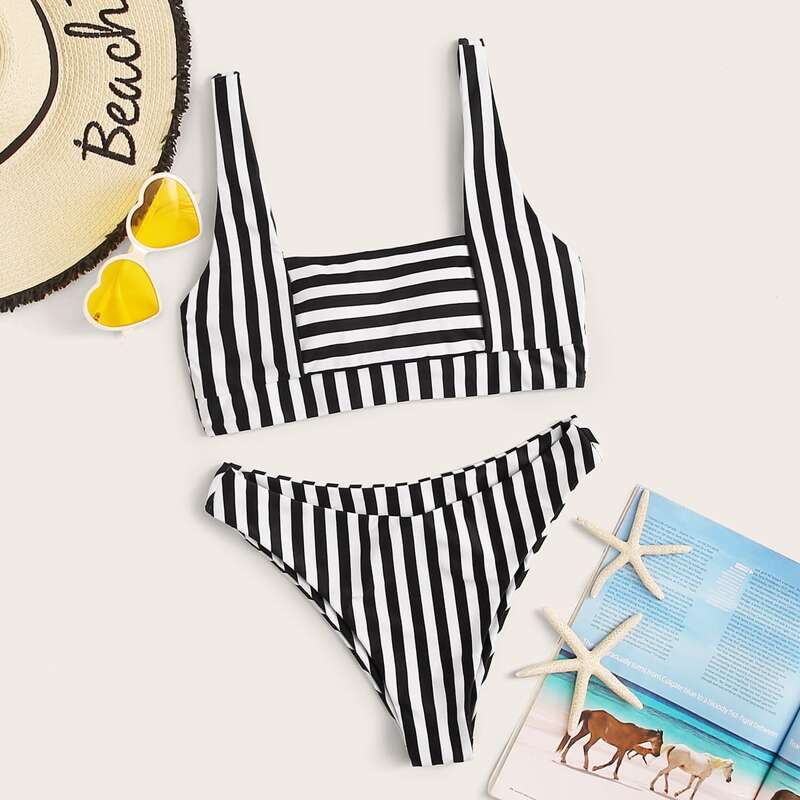 

Square Neck Striped Bikini Set, Black and white