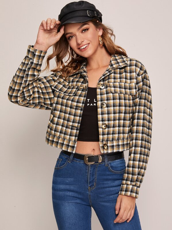 

Flap Detail Button Up Plaid Crop Jacket, Multicolor, Luiza
