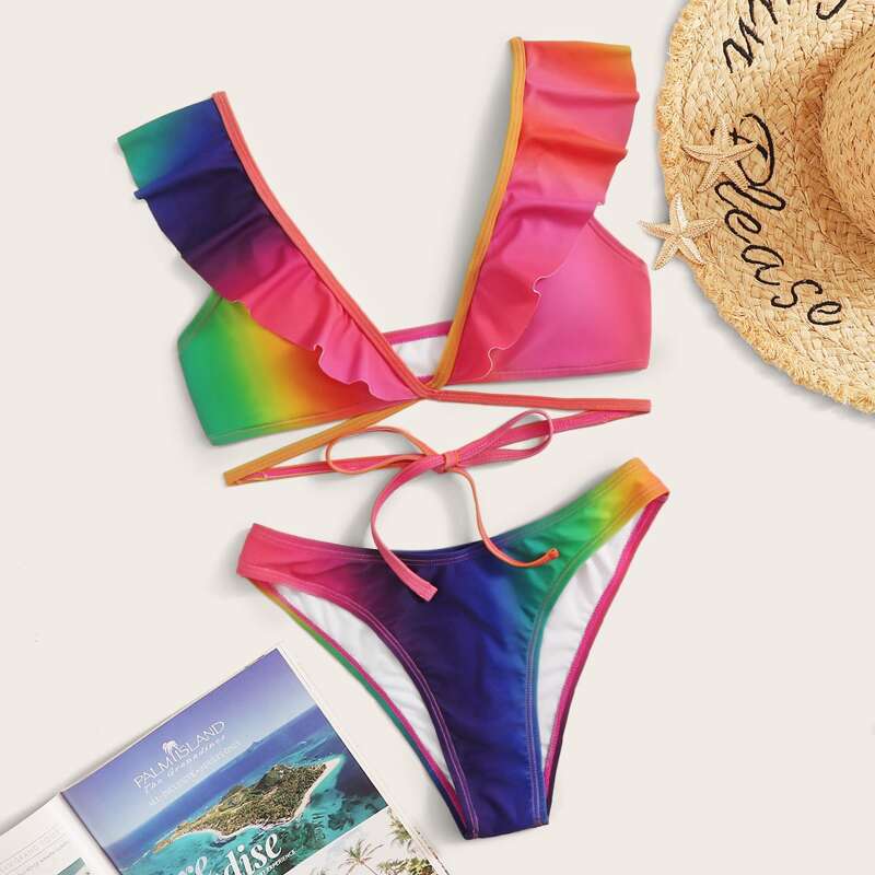 

Ruffle Ombre Top With High Cut Bikini Set