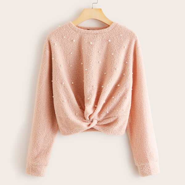 

Pearls Detail Twist Crop Teddy Sweatshirt, Pink pastel