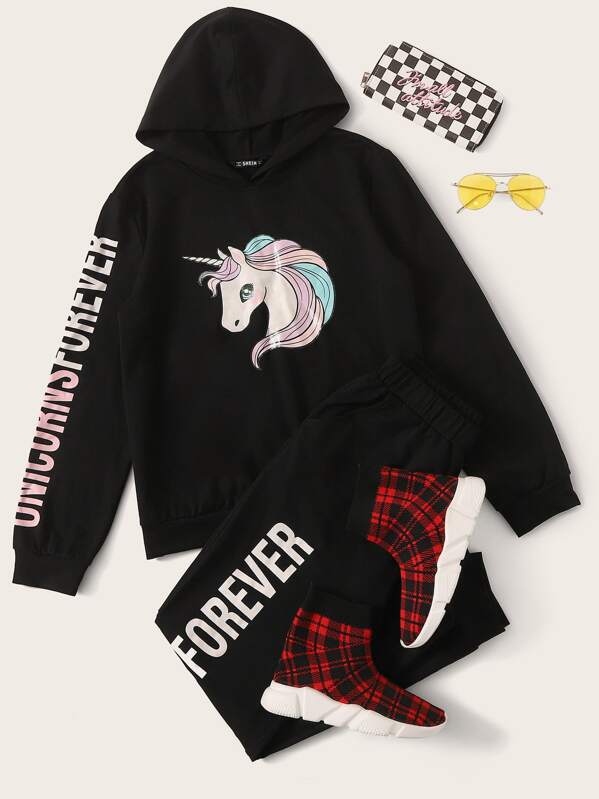 

Unicorn & Letter Graphic Hoodie & Joggers Set, Black, Gigi