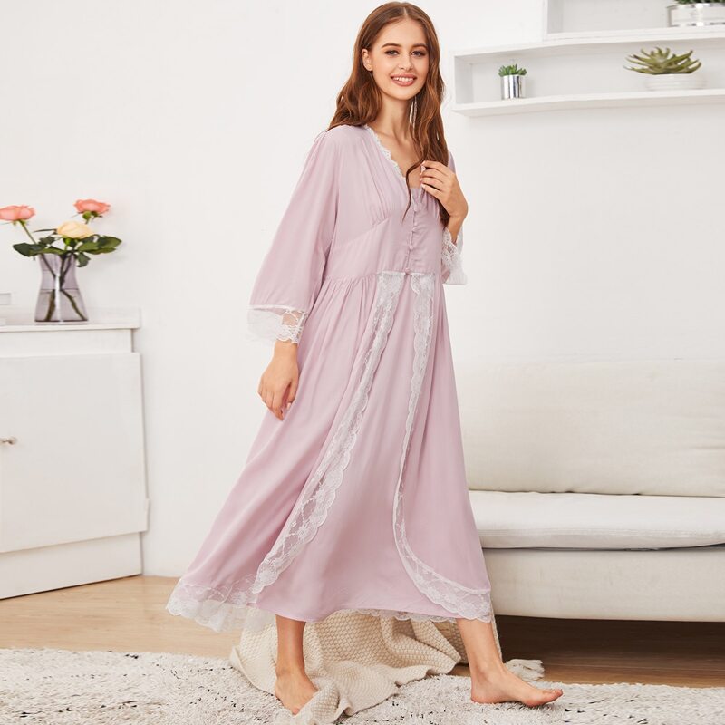 

Contrast Lace Night Dress With Robe, Pink