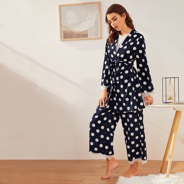 

Lace Trim Self Belted Polka Dot Robe & Pants PJ Set, Navy blue