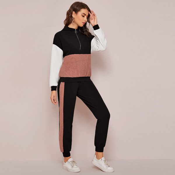 

Zip Half Placket Colorblock Teddy Panel Pullover & Sweatpants Set, Multicolor