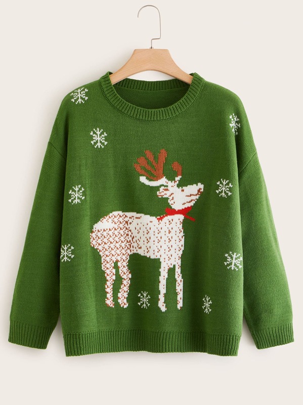 

Plus Drop Shoulder Christmas New Year Sweater, Green