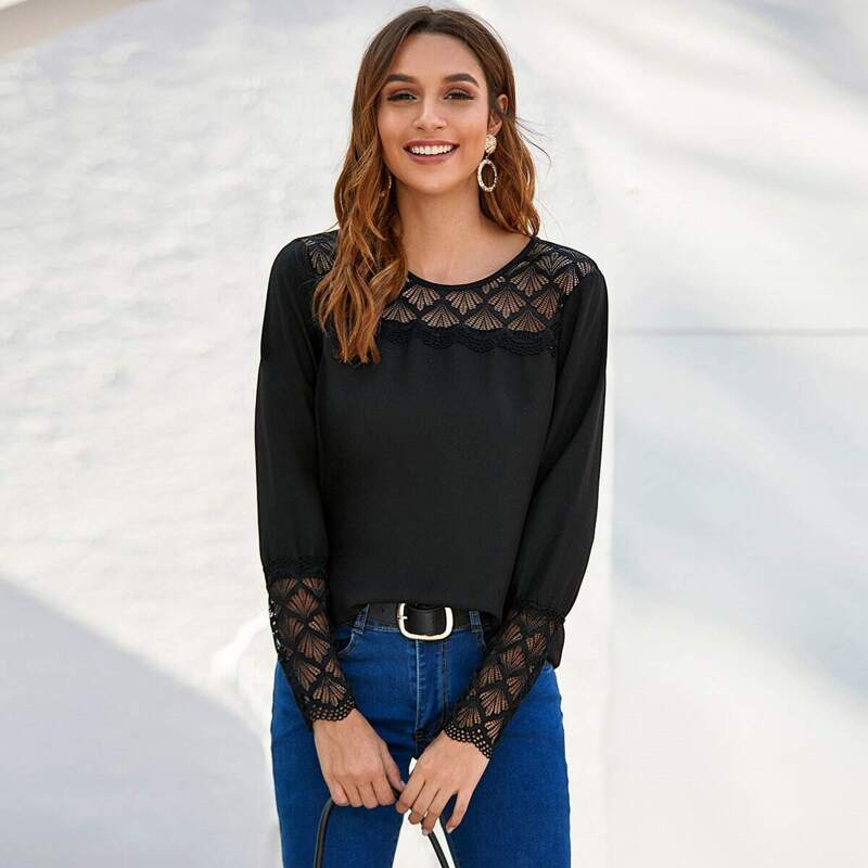 

Lace Yoke and Cuff Top, Black