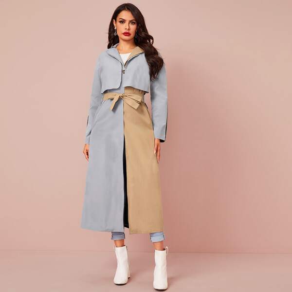 

Two Tone Single Button Belted Trench Coat, Multicolor