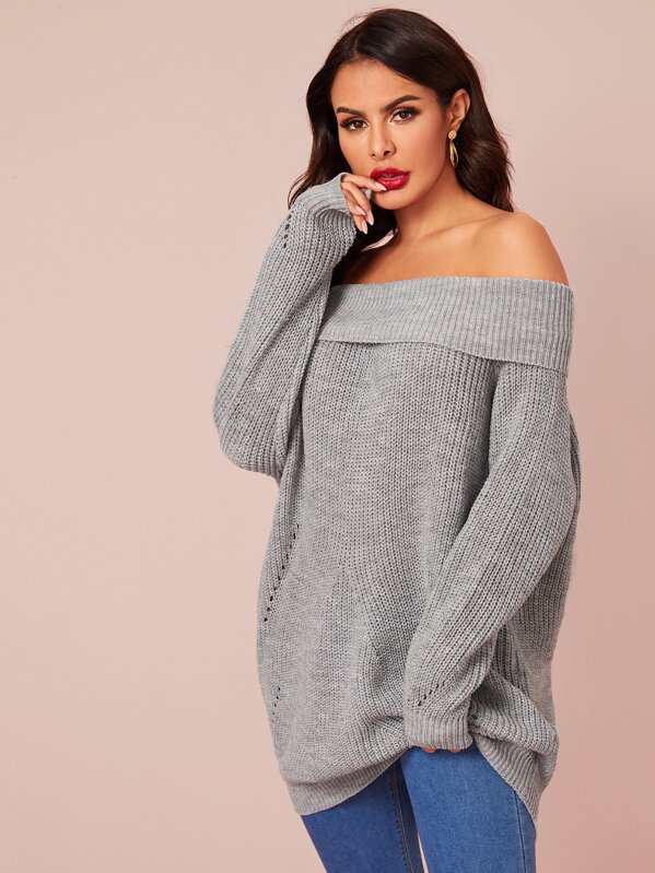 

Pointelle Knit Off Shoulder Sweater, Grey, Andy