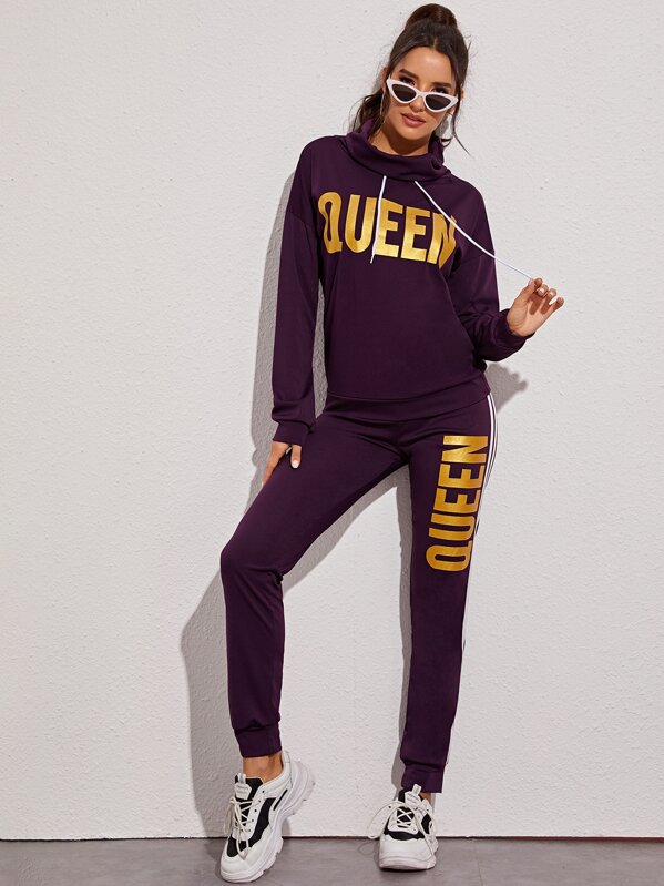 

Letter Graphic Cowl Neck Drawstring Sweatshirt & Sweatpants, Purple, Juliana