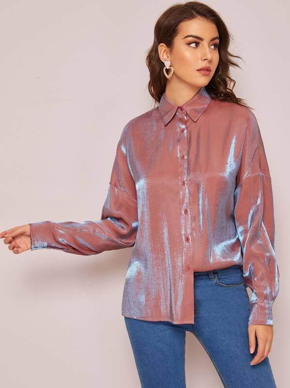 Drop Shoulder Holographic Metallic Oversized Blouse, Nude, MARTINA