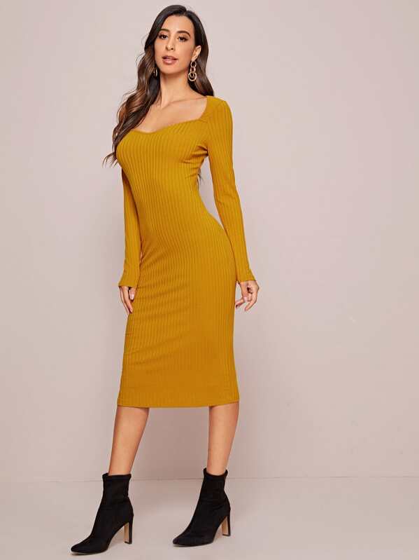 

Sweetheart Neck Rib-knit Bodycon Dress, Yellow, Gabe